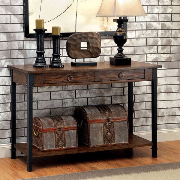 Shop Furniture Of America Ilta Rustic Oak Metal 2 Drawer Sofa Table For Natural And Black Console Tables (View 18 of 20)