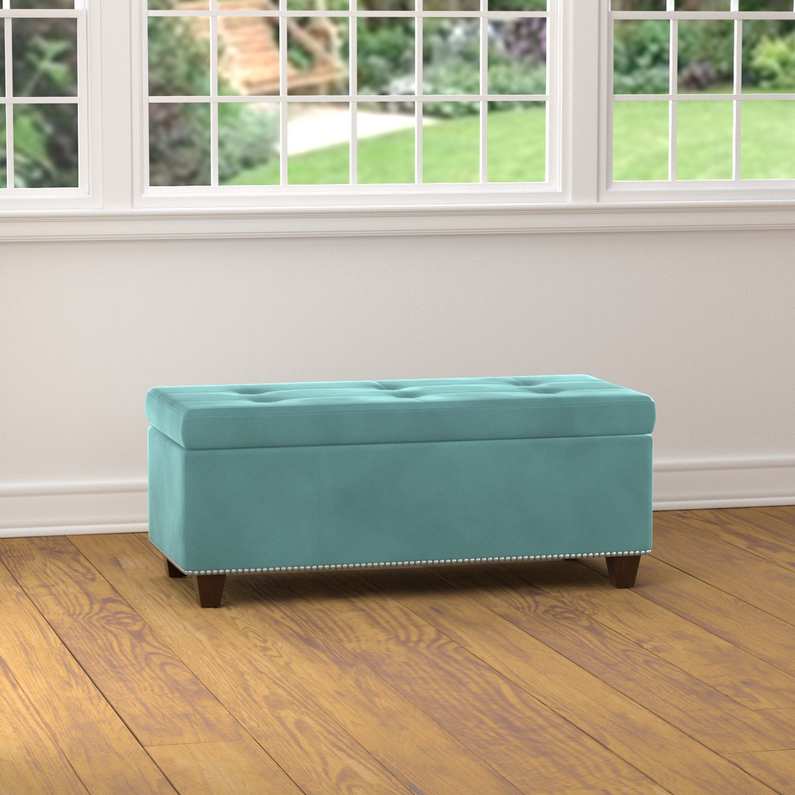 Shop Handy Living Tufted Turquoise Blue Velvet Bench Storage Ottoman Throughout Blue Fabric Storage Ottomans (View 9 of 20)