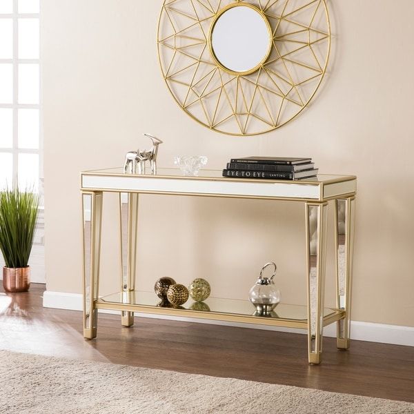 Shop Harper Blvd Martell Metallic Champagne Mirrored Glam Console Table Regarding Metallic Gold Console Tables (View 6 of 20)