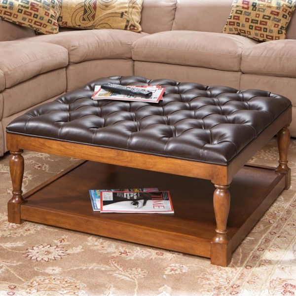 Shop Hayward Dark Brown Bonded Leather Coffee Table Ottoman – Free Throughout Espresso Leather And Tan Canvas Pouf Ottomans (View 8 of 20)