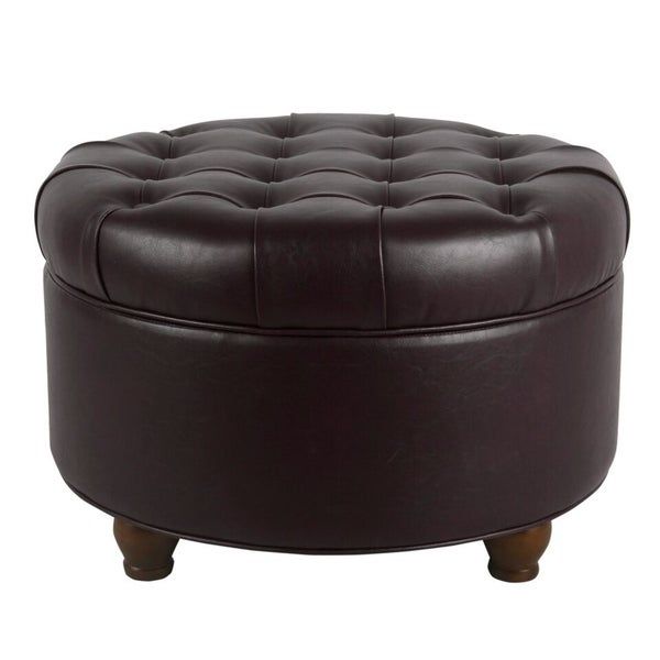 Shop Homepop Large Faux Leather Tufted Round Storage Ottoman – Brown Intended For Cream Fabric Tufted Round Storage Ottomans (View 11 of 20)