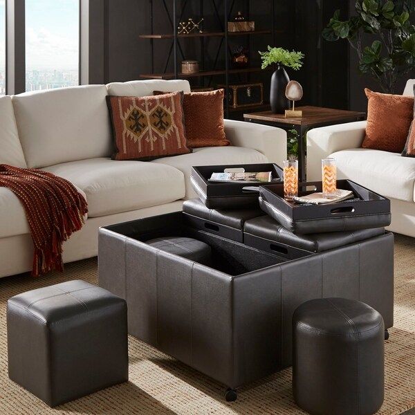 Shop Huxley Grey Faux Leather Ottoman With 2 Square And Round Cubes Pertaining To Round Gray Faux Leather Ottomans With Pull Tab (View 14 of 19)
