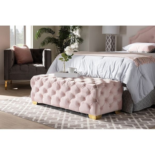 Shop Matthew Light Pink Velvet Fabric Gold Button Tufted Bench Ottoman Pertaining To Pink Champagne Tufted Fabric Ottomans (View 14 of 20)