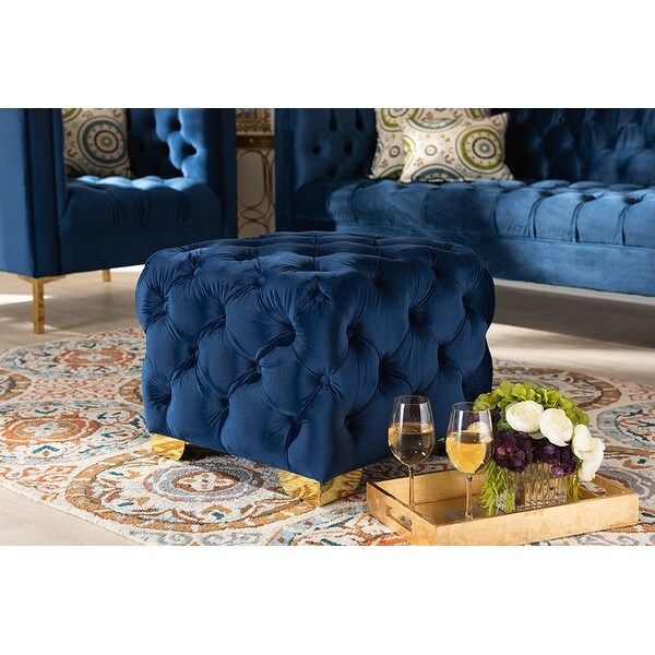 Shop Matthew Royal Blue Velvet Fabric Gold Finished Button Tufted Throughout Gold Chevron Velvet Fabric Ottomans (View 16 of 20)