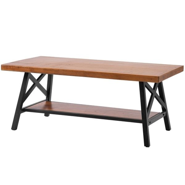 Shop Merax Rustic Solid Wood Coffee Table With Metal Legs – Free Pertaining To Oak Wood And Metal Legs Console Tables (View 9 of 20)