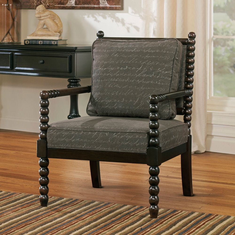 Shop Milari Grey Linen Script Print Accent Chair – Overstock – 8896203 Regarding Smoke Gray Wood Accent Stools (View 15 of 20)