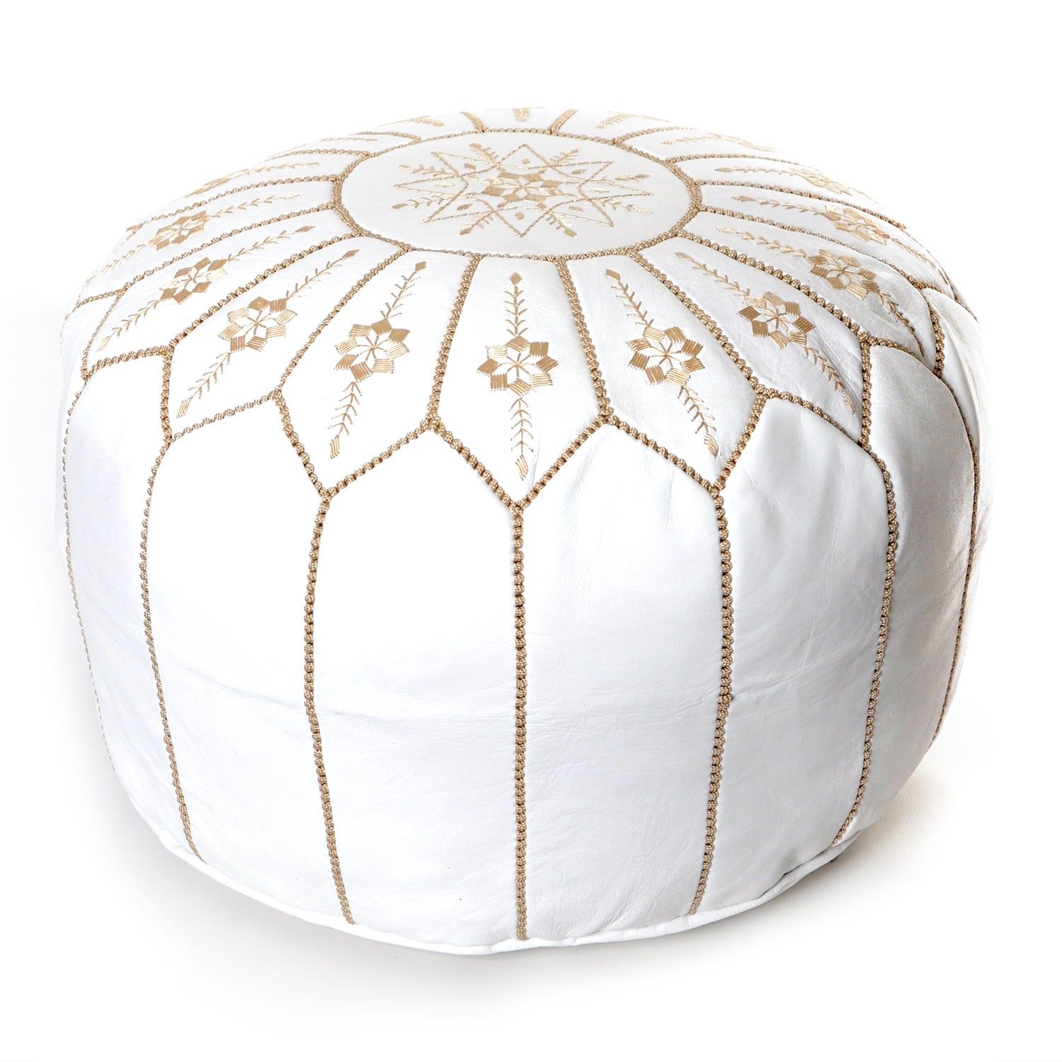 Shop Moroccan Flower Leather Pouf  Round White Embroidered Ottoman For Gray Moroccan Inspired Pouf Ottomans (View 6 of 20)