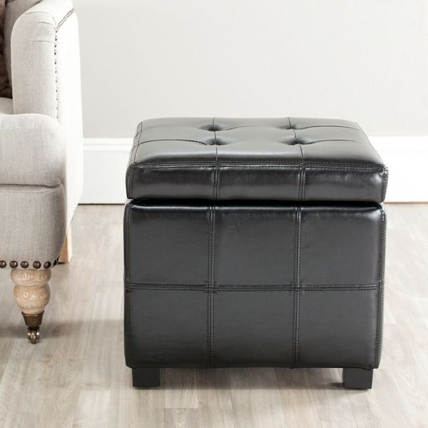 Shop Safavieh Broadway Black Leather Tufted Storage Ottoman – Free For Black Leather And Gray Canvas Pouf Ottomans (View 9 of 20)