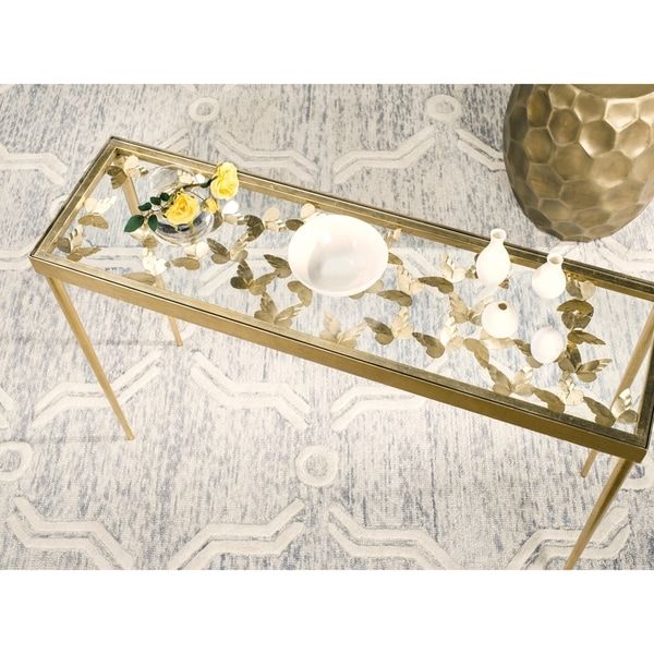 Shop Safavieh Rosalie Antique Gold Leaf Butterfly Console Table – On Within Antique Gold And Glass Console Tables (View 13 of 20)