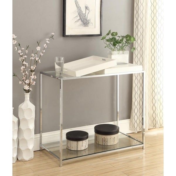 Shop Silver Orchid Makay Chrome Finish Tempered Console Table With With Silver Mirror And Chrome Console Tables (View 5 of 20)