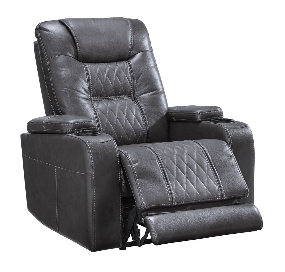 Signature Design Composer Gray Faux Leather Power Reclinerashley In Black Faux Leather Usb Charging Ottomans (View 4 of 20)