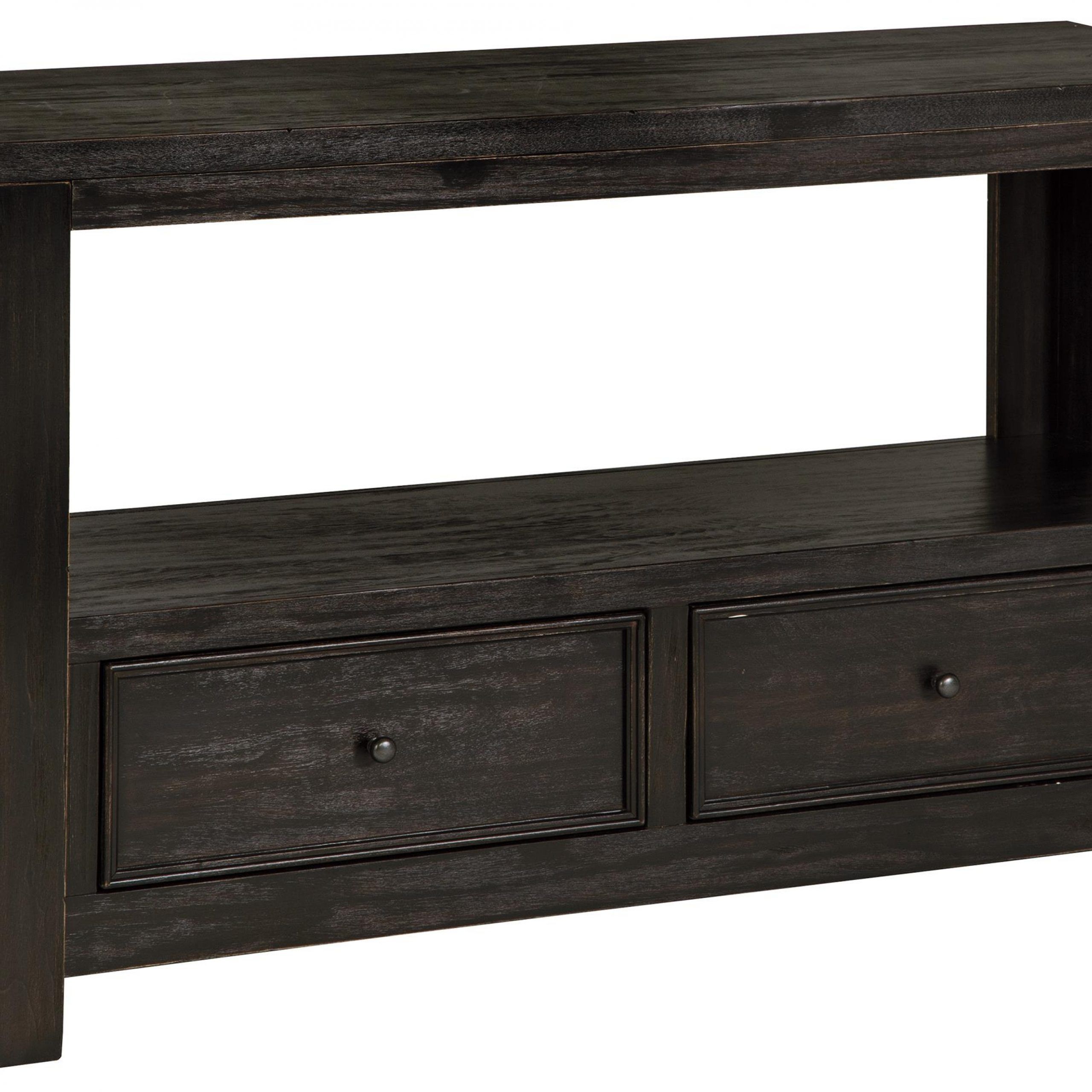 Signature Designashley Gavelston Rustic Distressed Black Sofa Table Within Rustic Oak And Black Console Tables (View 17 of 20)