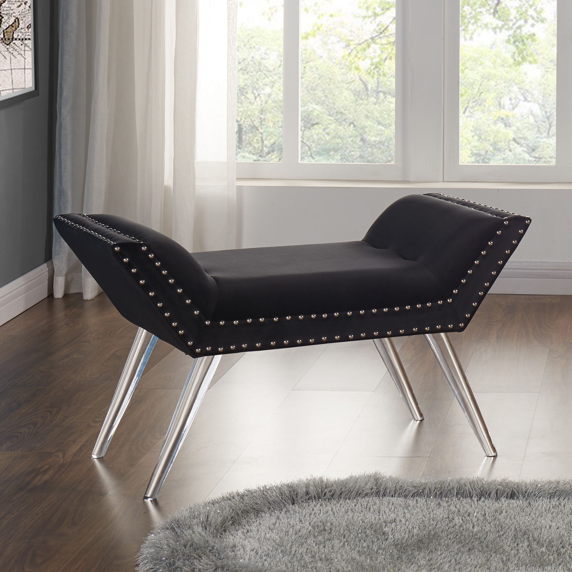 Silas Black Tufted Velvet Ottoman Bench From Armen Living | Coleman Pertaining To Charcoal Gray Velvet Tufted Rectangular Ottoman Benches (View 16 of 19)
