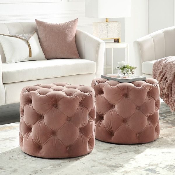 Silver Orchid Holm Velvet Or Linen Round Tufted Ottoman – Overstock Within Silver Chevron Velvet Fabric Ottomans (View 4 of 20)