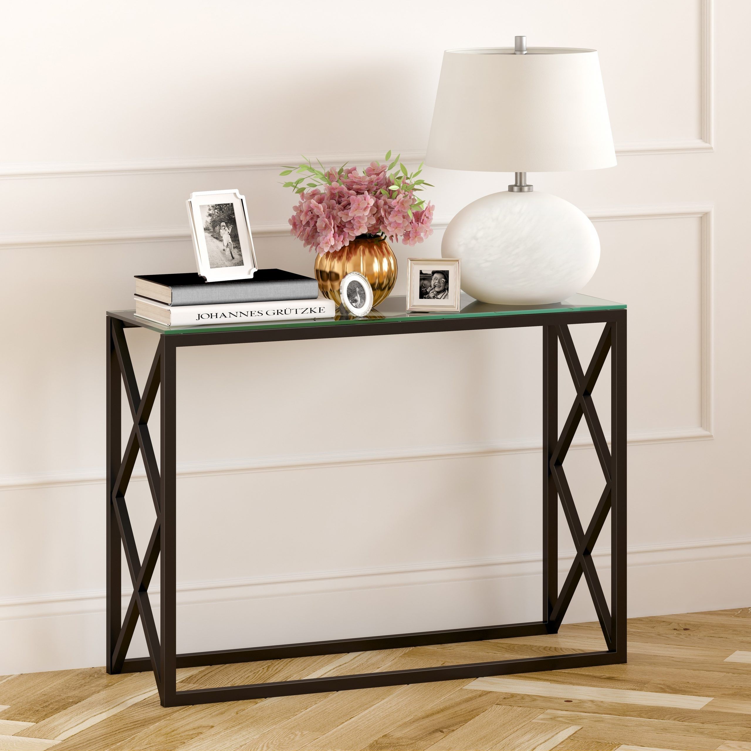 Silver Orchid Stifter Geometric X Base Metal/ Glass Console Table In Geometric Console Tables (View 6 of 20)