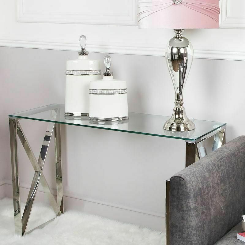 Silver Stainless Steel Console Table Clear Glass Hall Display Modern In Stainless Steel Console Tables (View 10 of 20)