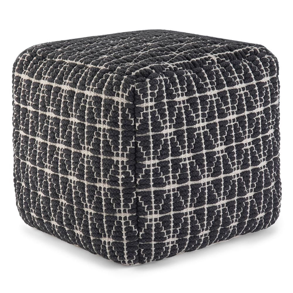 Simpli Home Blythe Dark Blue And White Woven Cotton Transitional Cube With Regard To Dark Blue And Navy Cotton Pouf Ottomans (View 16 of 20)