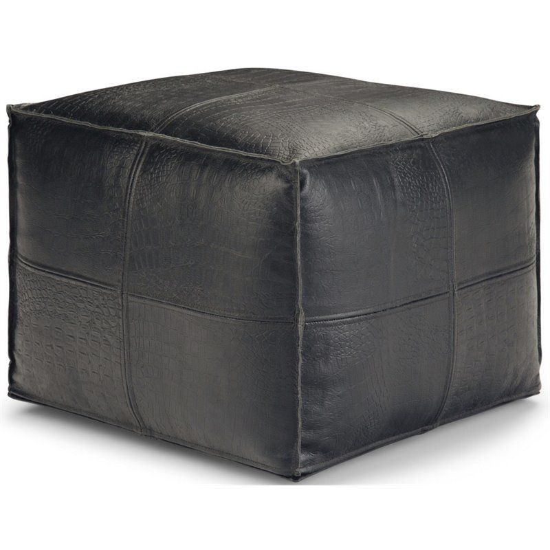 Simpli Home Bowen Contemporary Patterned Leather Square Ottoman In Within Black Leather Ottomans (View 13 of 20)