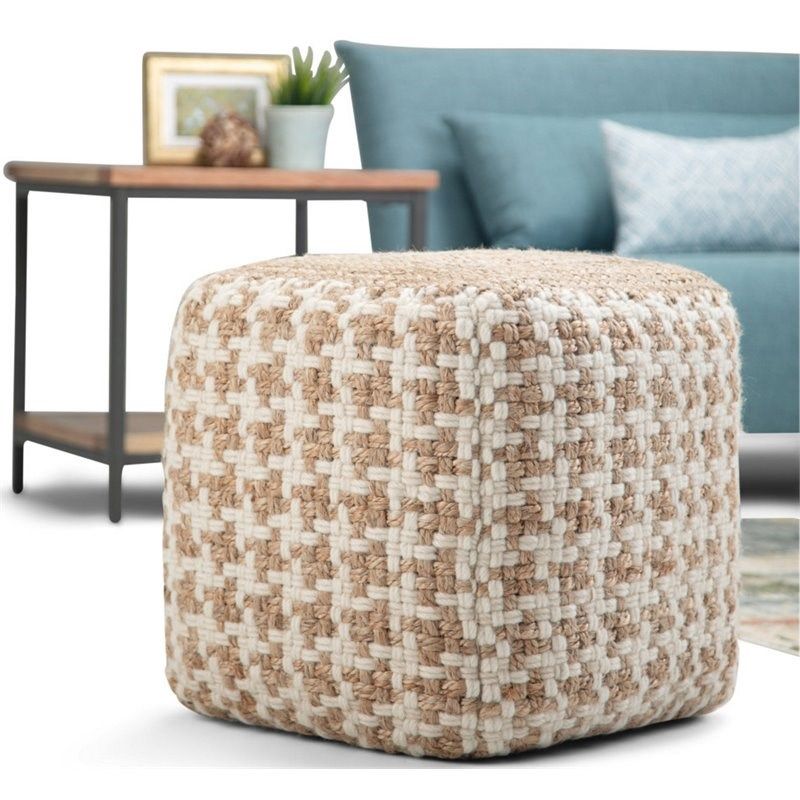 Simpli Home Cullen Transitional Woven Wool And Jute Ottoman In Natural Pertaining To Charcoal And White Wool Pouf Ottomans (View 5 of 20)