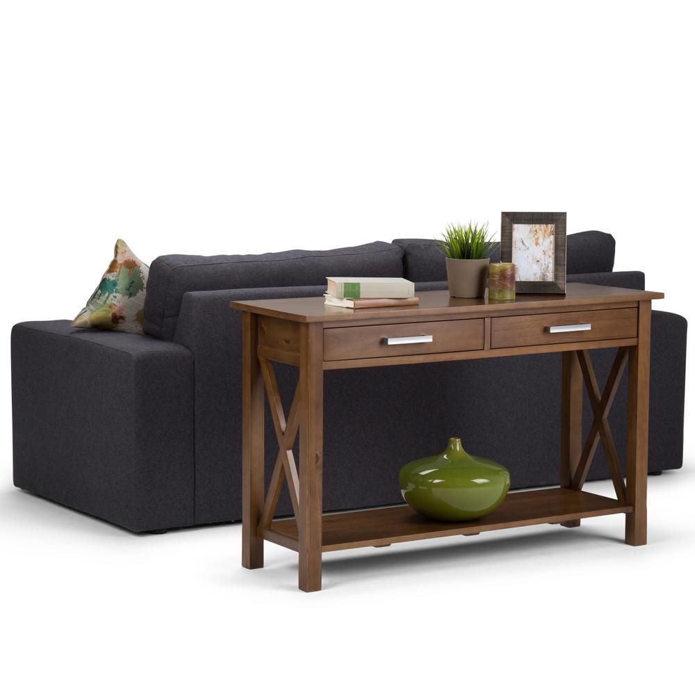 Simpli Home Kitchener Medium Saddle Brown Storage Console Table Intended For Open Storage Console Tables (View 16 of 20)