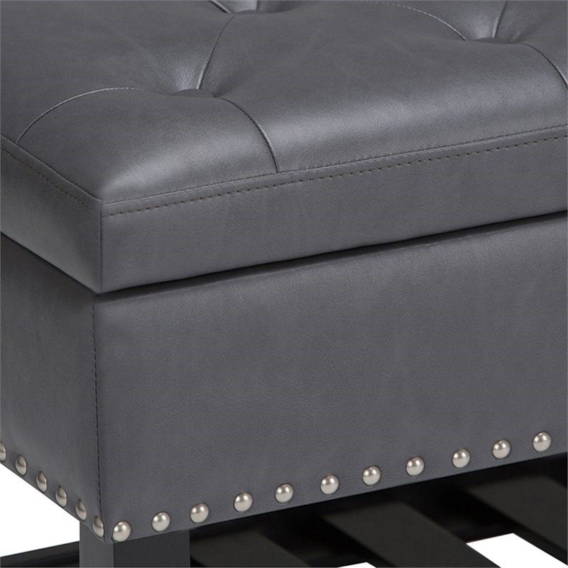 Simpli Home Lomond Faux Leather Storage Ottoman Bench In Stone Gray In Black Leather And Gray Canvas Pouf Ottomans (View 6 of 20)