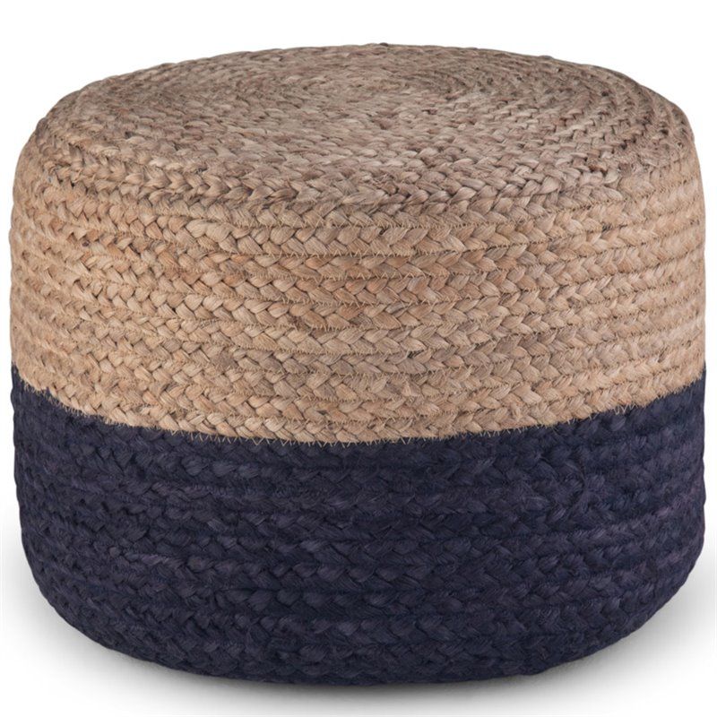 Simpli Home Lydia Contemporary Round Braided Jute Ottoman In Navy Blue Intended For Pouf Textured Blue Round Pouf Ottomans (View 12 of 20)