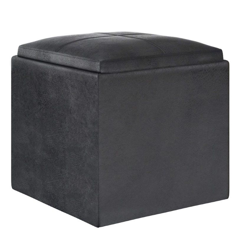 Simpli Home Rockwood Faux Air Leather Cube Storage Ottoman In Black Inside Black Faux Leather Storage Ottomans (View 13 of 20)