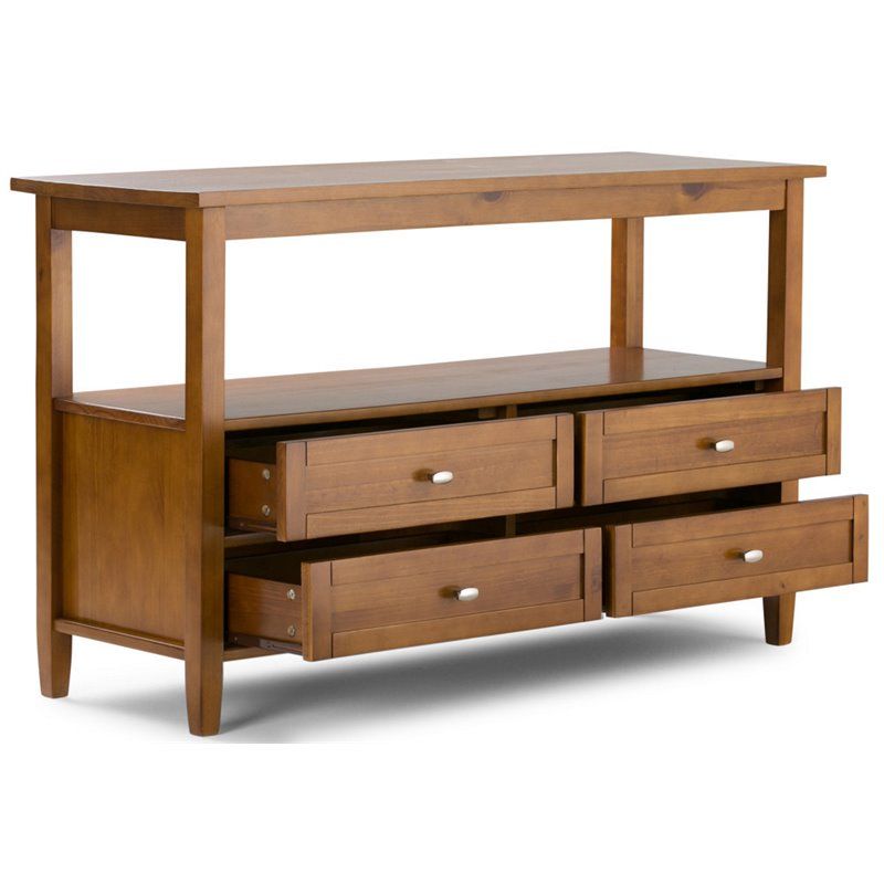 Simpli Home Warm Shaker Solid Wood Console Table With Drawers Light In Warm Pecan Console Tables (View 12 of 20)