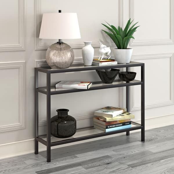 Sivil Rectangular Contemporary Metal/glass Console Table In Blackened With Regard To Glass And Pewter Console Tables (View 5 of 20)