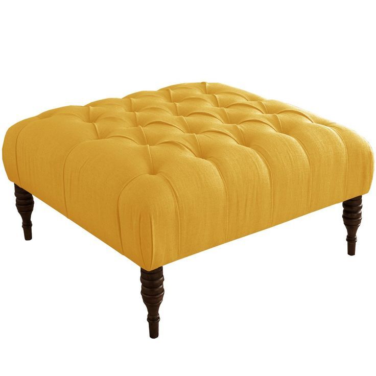 Skyline Custom Upholstered Tufted Square Ottoman Linen French Yellow Intended For French Linen Black Square Ottomans (View 1 of 20)