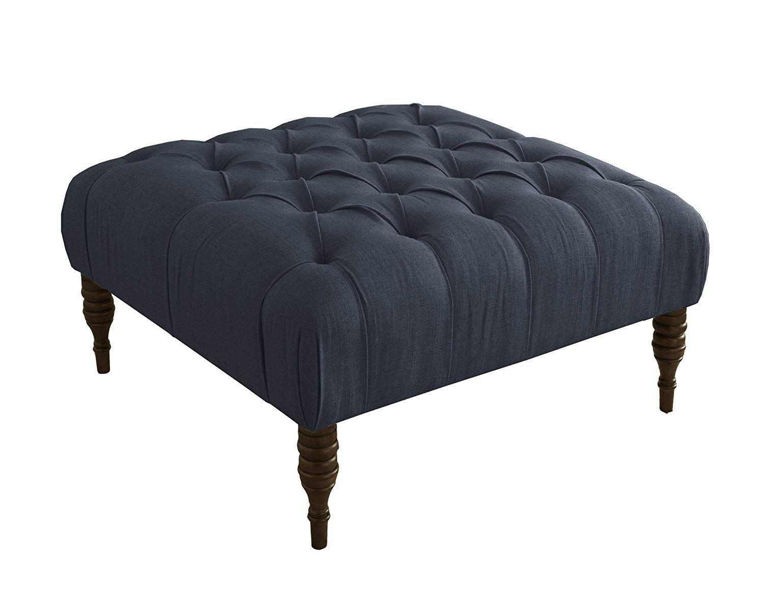 Skyline Furniture Tufted Cocktail Ottoman In Linen Navy | Upholstered With French Linen Black Square Ottomans (View 2 of 20)
