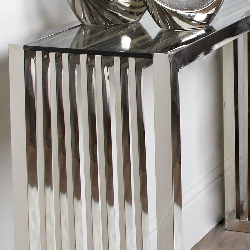 Sloane Chrome Console Table Hallway Table With Glossy Glass Top In Silver Mirror And Chrome Console Tables (View 2 of 20)