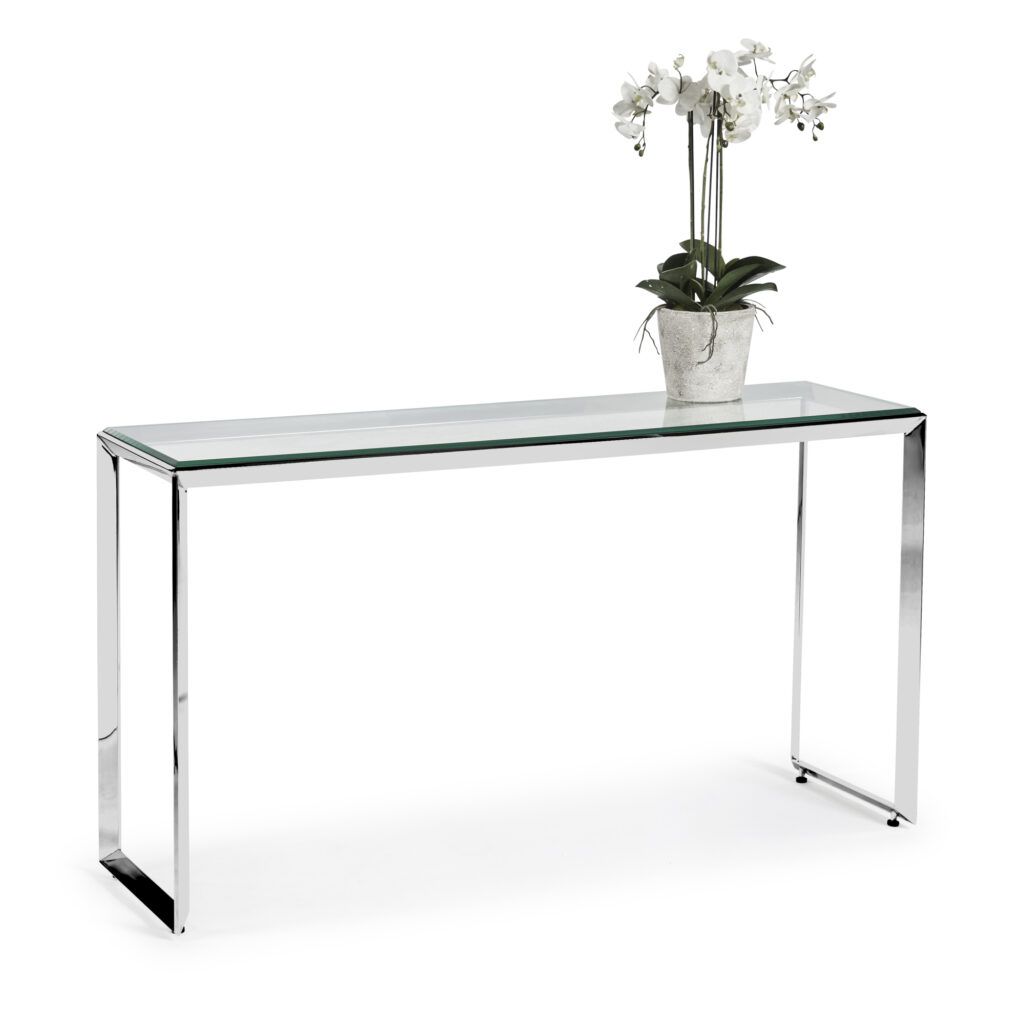 Small Glass Console Table With Polished Stainless Steel | Grosvenor Within Glass And Stainless Steel Console Tables (View 14 of 20)