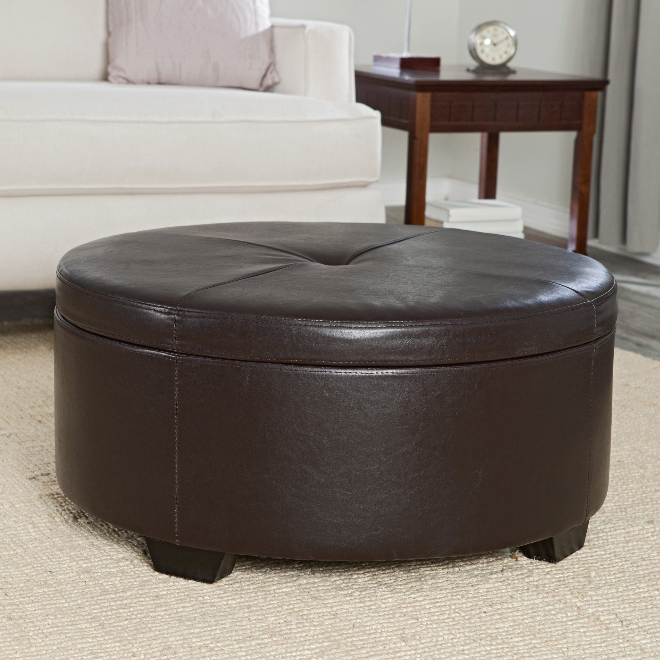 Small Round Ottoman – Homesfeed For Weathered Gold Leather Hide Pouf Ottomans (View 3 of 20)