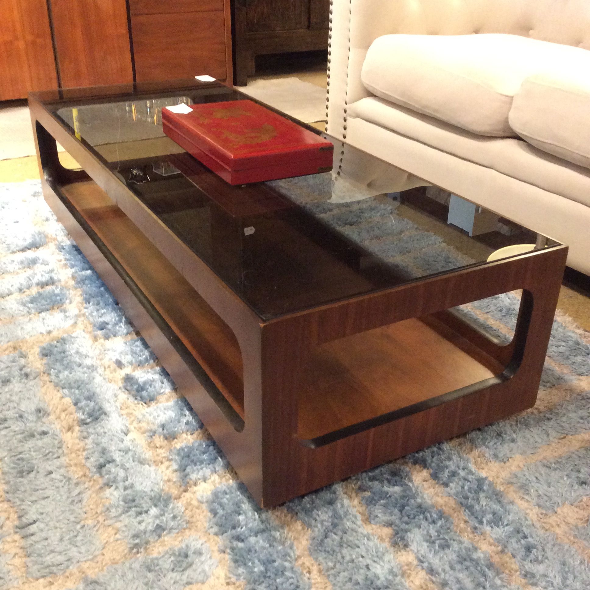 Smoke Glass Rectangular Coffee Table Sold – Ballard Consignment Inside Smoke Gray Wood Square Console Tables (View 2 of 20)