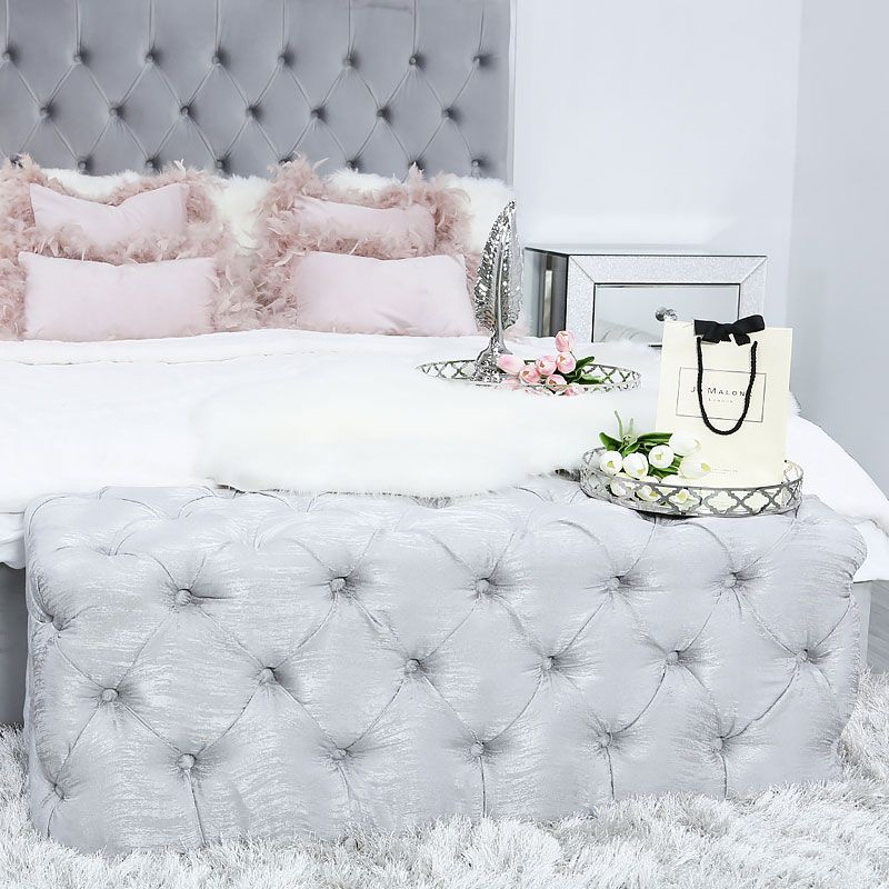 Soft Silver Fabric Deeply Padded Bench Ottoman With Tufted Buttons For Pink Champagne Tufted Fabric Ottomans (View 13 of 20)