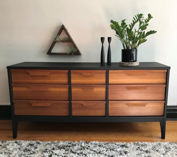 Sold** Matte Black And Wood Mid Century Modern Dresser//refinished Mcm Regarding Matte Black Console Tables (View 12 of 20)