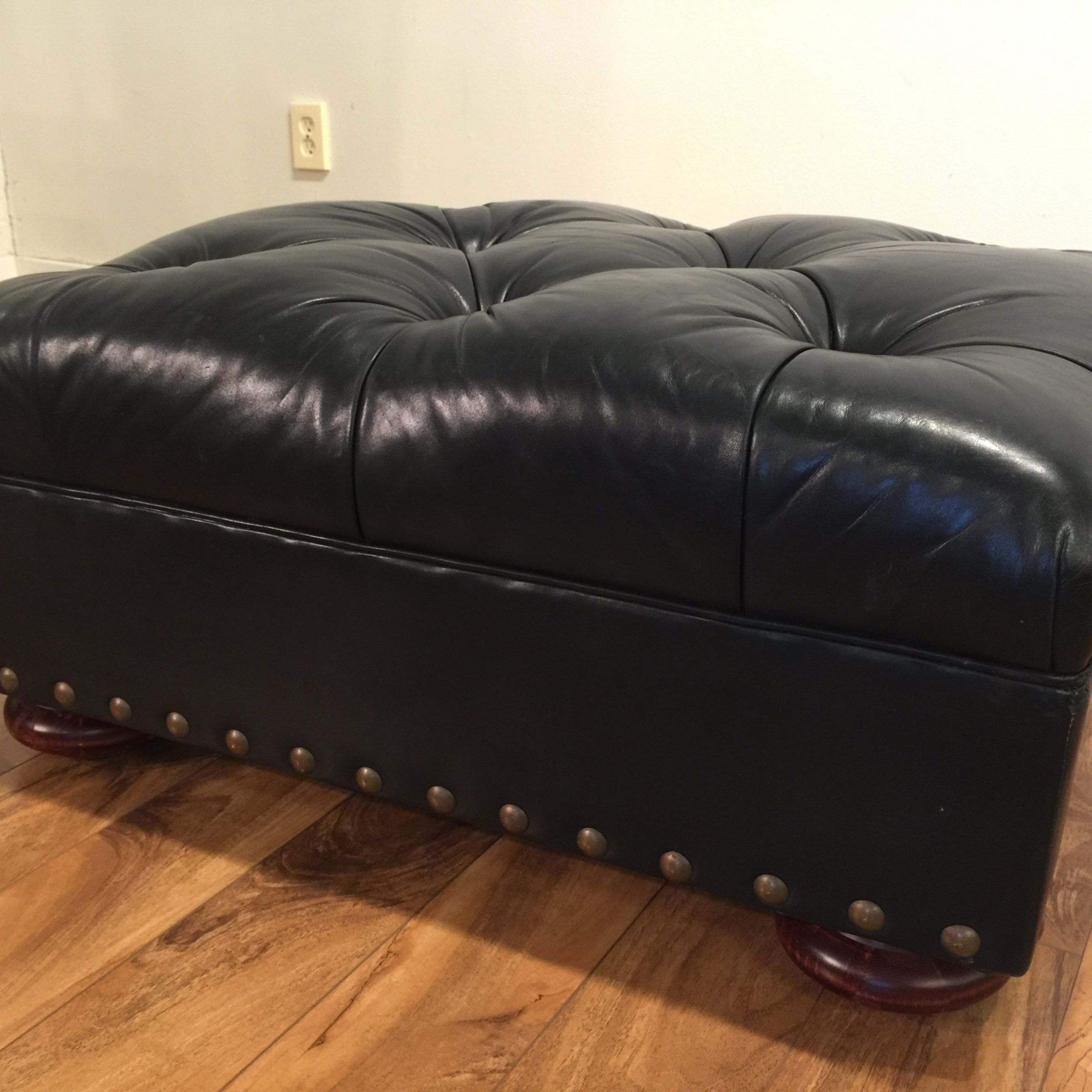Sold – Ralph Lauren Black Leather Tufted Ottoman – Modern To Vintage Intended For Black Leather And Bronze Steel Tufted Ottomans (View 7 of 20)