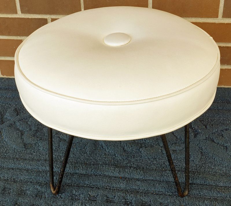 Sold – Vintage Mid Century Round White Ottoman With Wrought Iron With Stone Wool With Wooden Legs Ottomans (View 9 of 20)