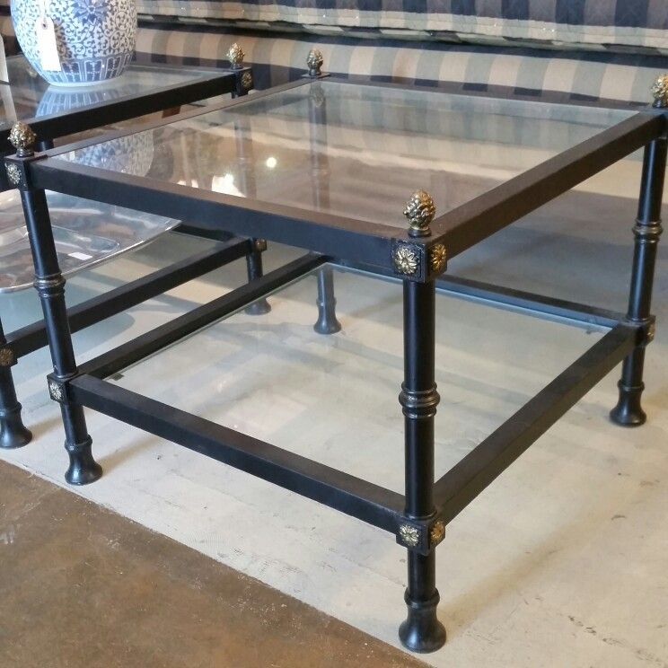 Sold Vintage Pair Of Black And Gold Metal And Glass Tables | Glass In Antique Gold Aluminum Console Tables (View 12 of 20)