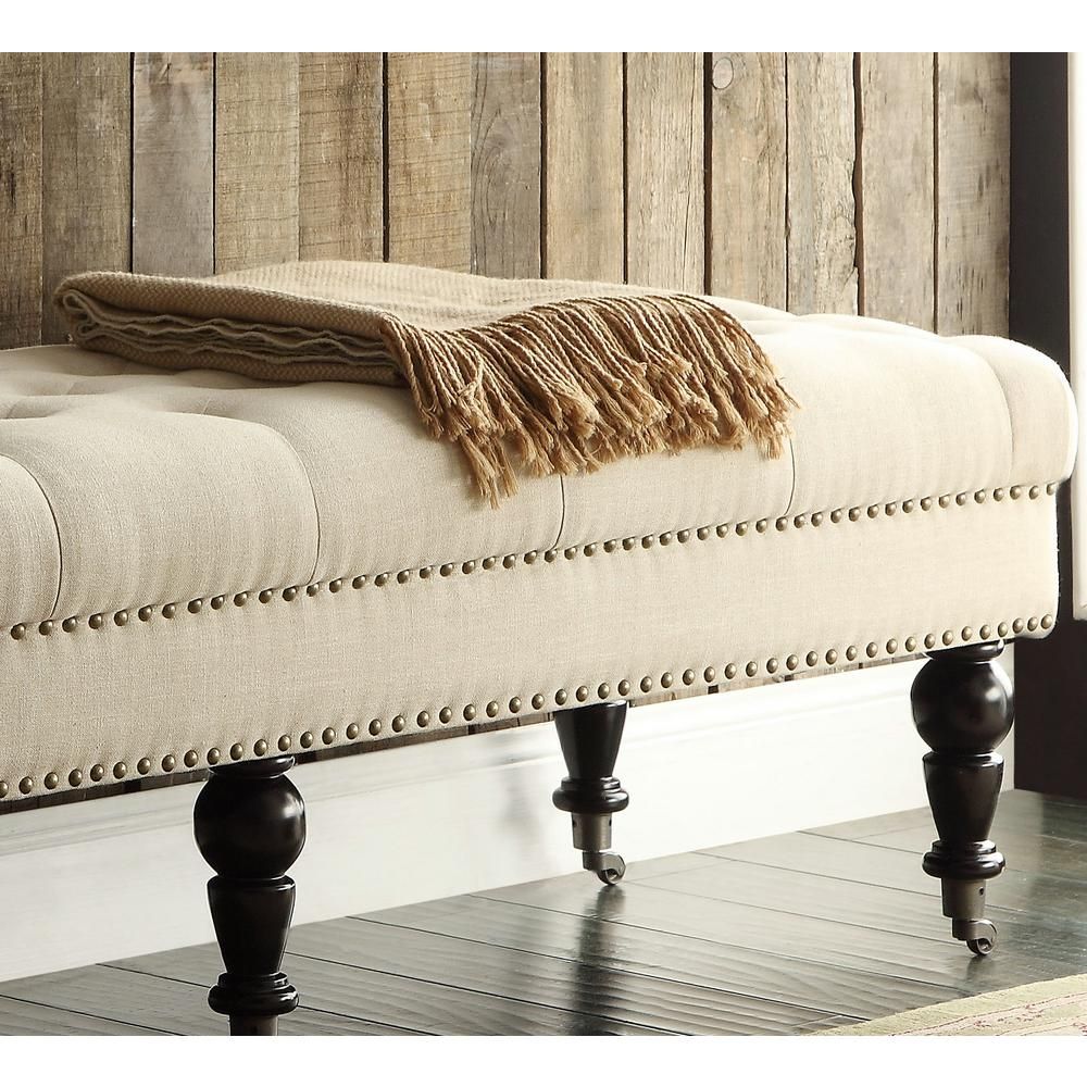 Solid Birch Wood Bench Bed End Ottoman Deluxe Tufted Natural Linen Throughout Natural Solid Cylinder Pouf Ottomans (View 3 of 20)