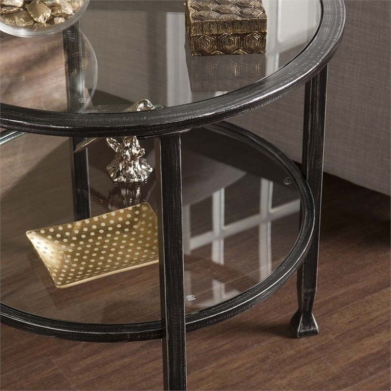 Southern Enterprises Jaymes Round Glass Top Metal End Table In Black Inside Black Round Glass Top Console Tables (View 6 of 20)