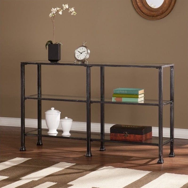 Southern Enterprises Metal Glass 3 Tier Console Table In Black Intended For Black Round Glass Top Console Tables (View 3 of 20)