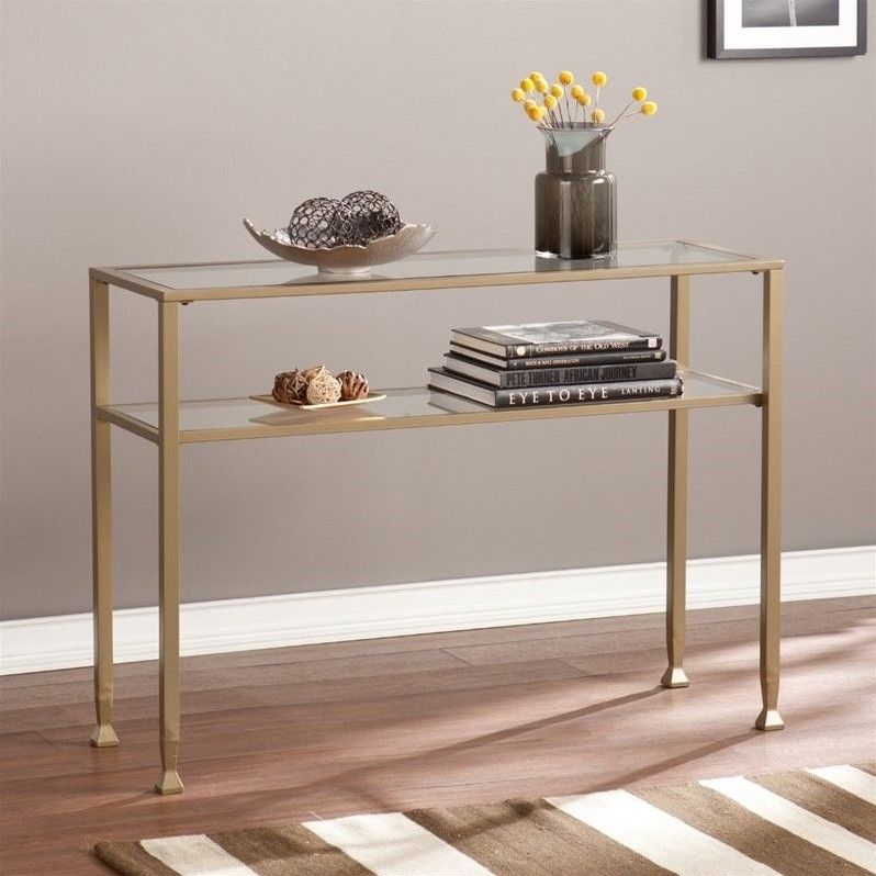 Southern Enterprises Metal Glass Console Table In Matte Khaki – Ck3773 Intended For Bronze Metal Rectangular Console Tables (View 16 of 20)