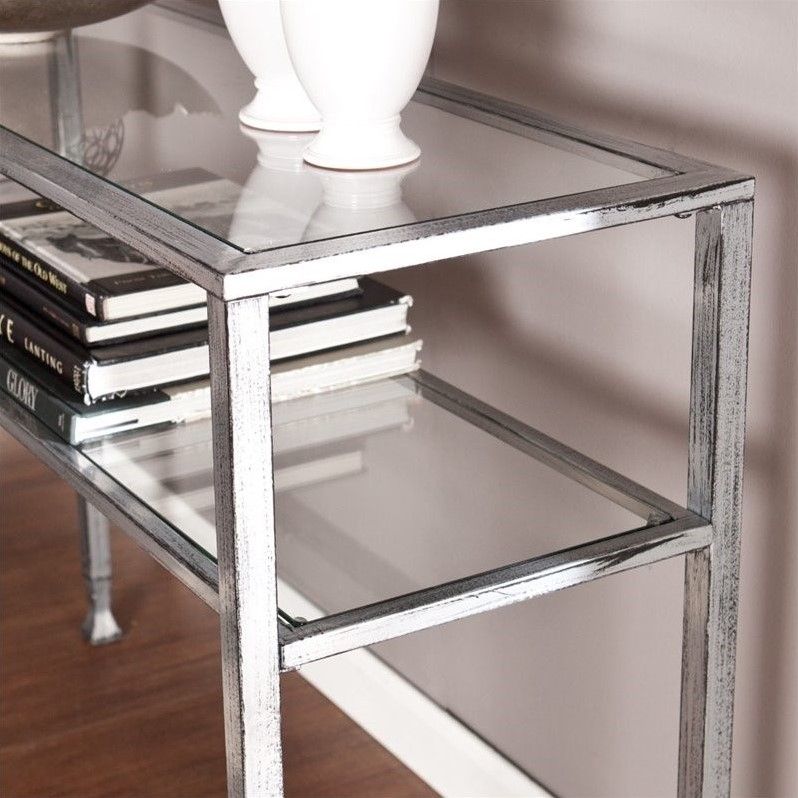 Southern Enterprises Metal Glass Console Table In Silver And Black – Ck0773 Throughout Black Round Glass Top Console Tables (View 4 of 20)