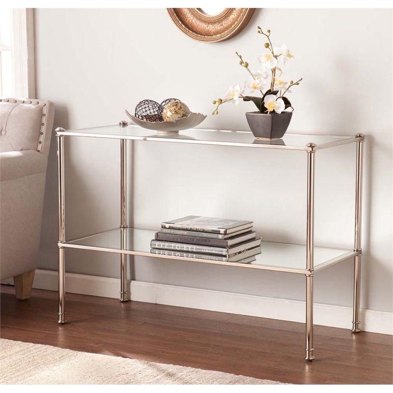Southern Enterprises Paschall Glass Top Console Table In Silver – Ck4993 In Antique Silver Metal Console Tables (Gallery 20 of 20)