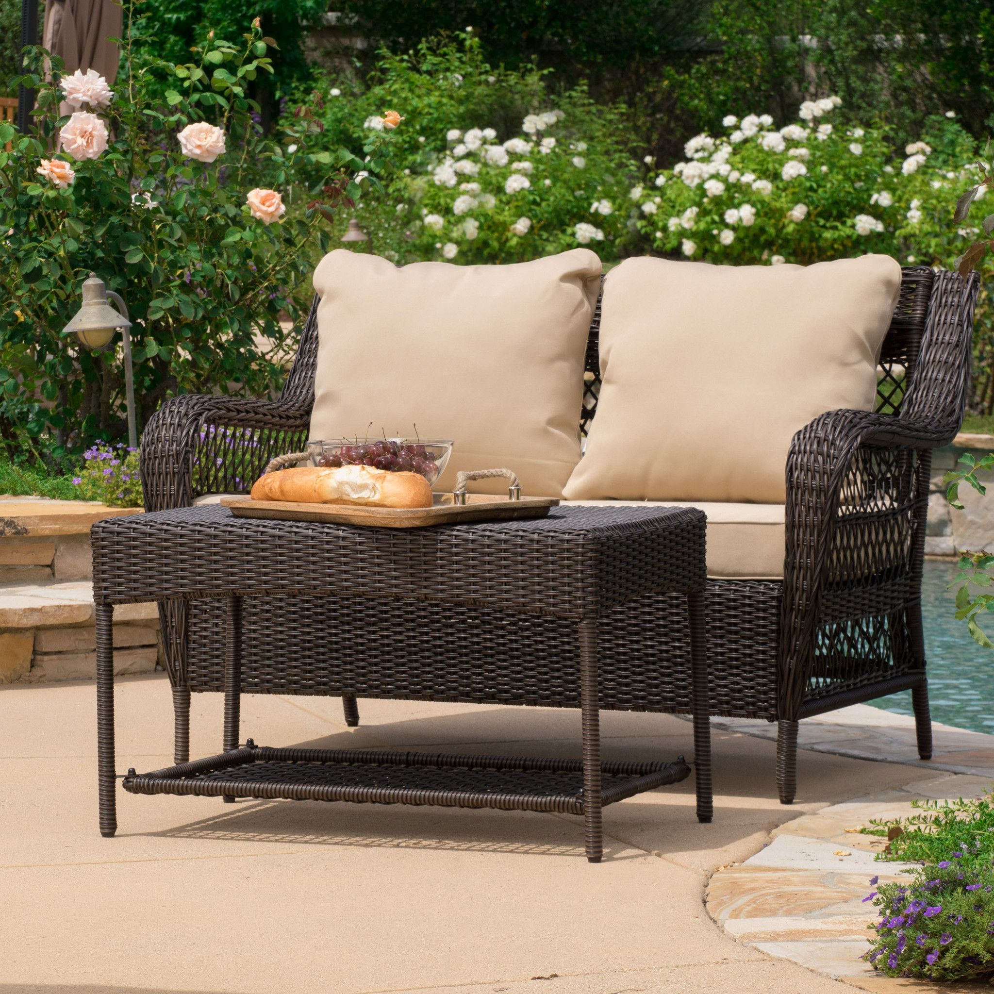 Spencer 2 Piece Outdoor Brown Wicker Sofa Set With Table And Tan In Black And Tan Rattan Console Tables (View 4 of 20)
