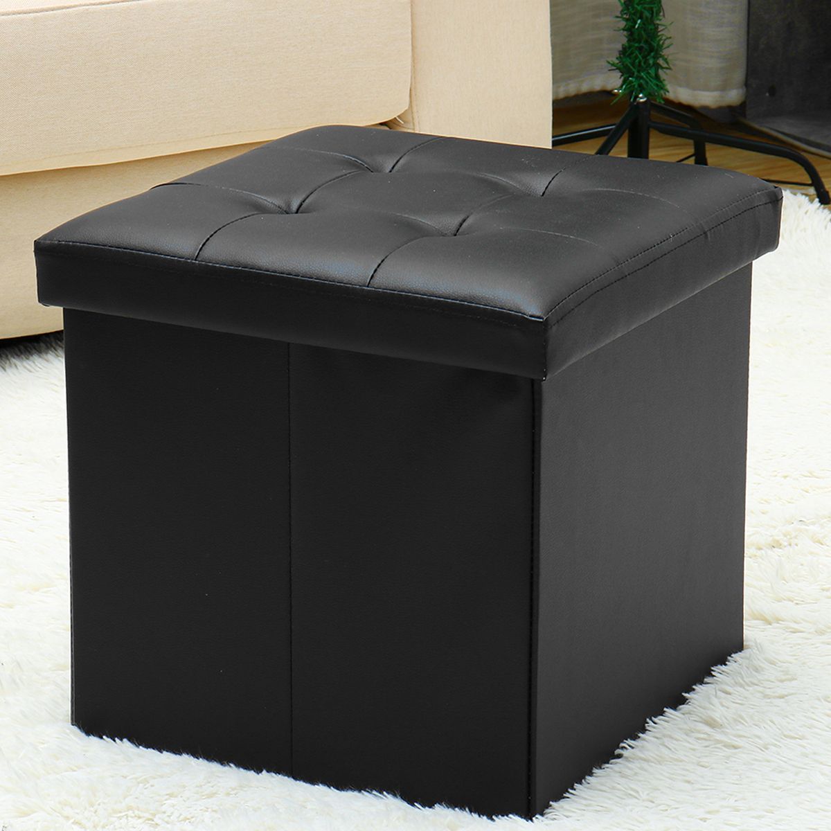 Square 15'' Storage Ottoman, Folding Faux Leather Ottoman Footrest Foot With Black White Leather Pouf Ottomans (View 16 of 20)
