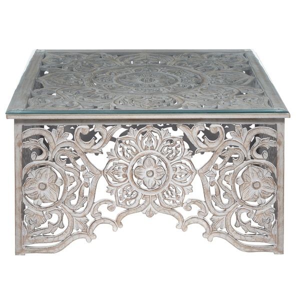 Square Distressed White Wood Carved Coffee Table With Clear Glass Top Pertaining To Square Weathered White Wood Console Tables (View 13 of 20)