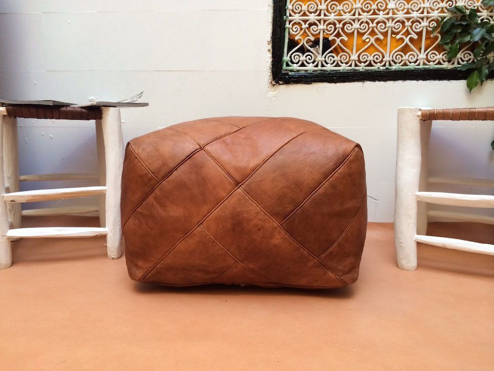 Square Leather Moroccan Pouf Ottoman Natural Brown Leather Ottoman Within Dark Brown Leather Pouf Ottomans (View 1 of 20)